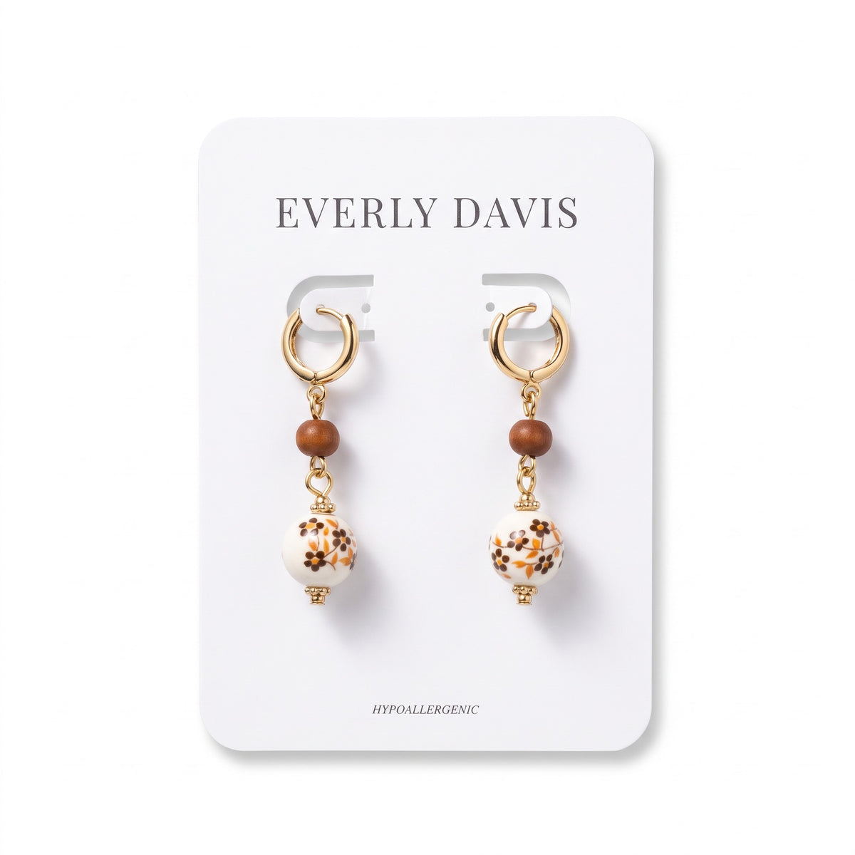 Printed Flower Ball + Wood ball Earrings