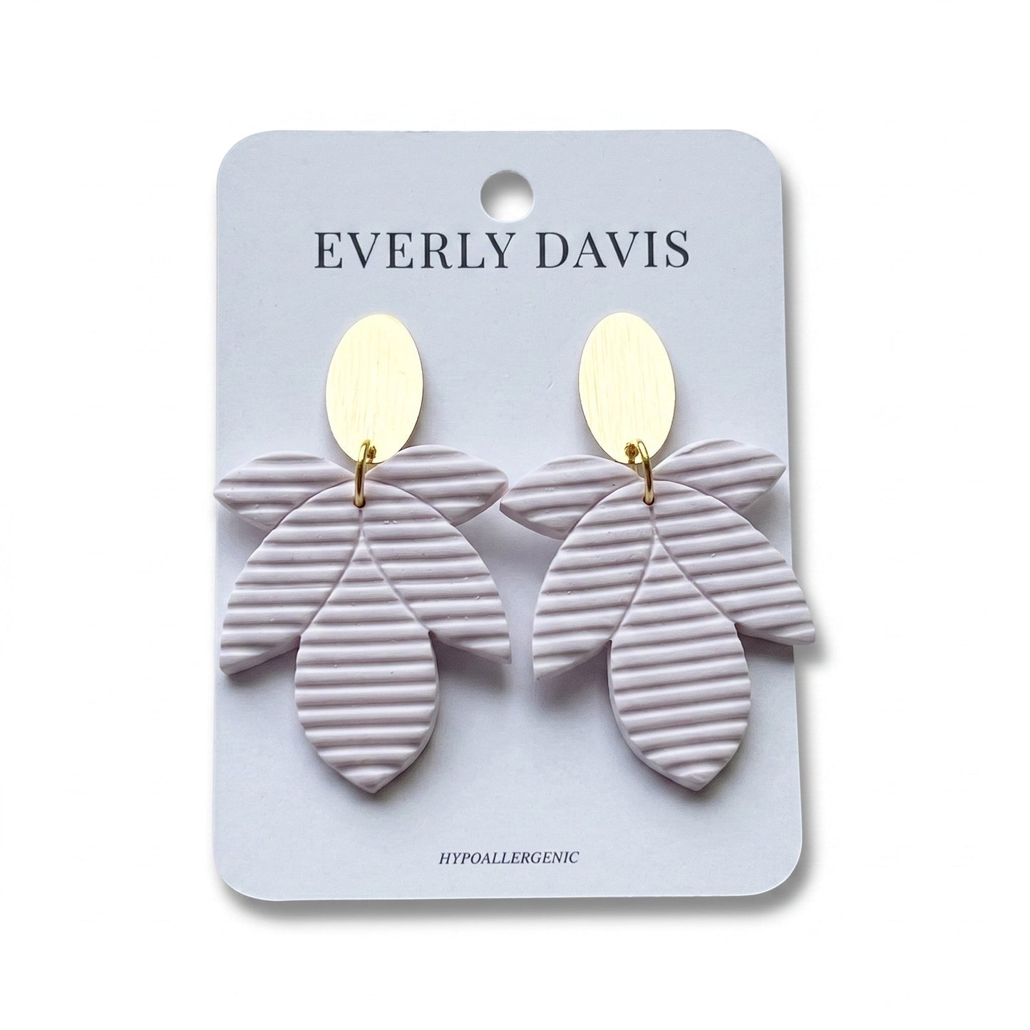 Everly Davis Amie earrings: light purple clay with ribbed texture and gold oval tops. Hypoallergenic.