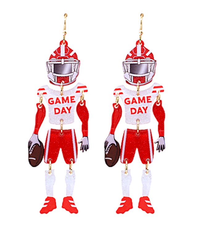 Everly Davis Gameday Football Player Earrings in red and white acrylic with fish hook closures.