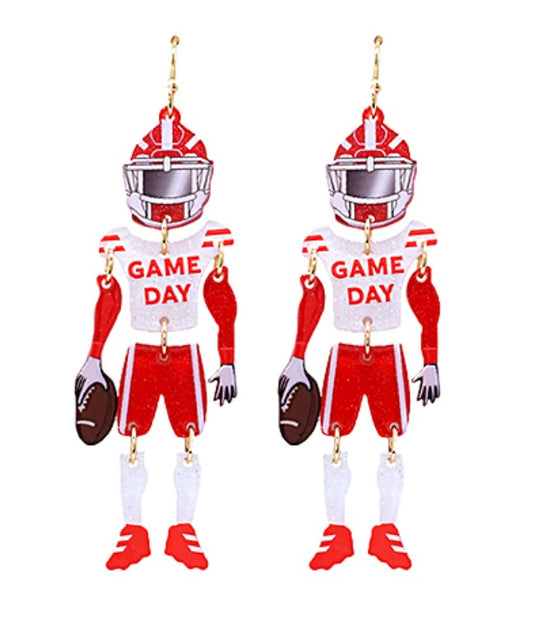 Everly Davis Gameday Football Player Earrings in red and white acrylic with fish hook closures.