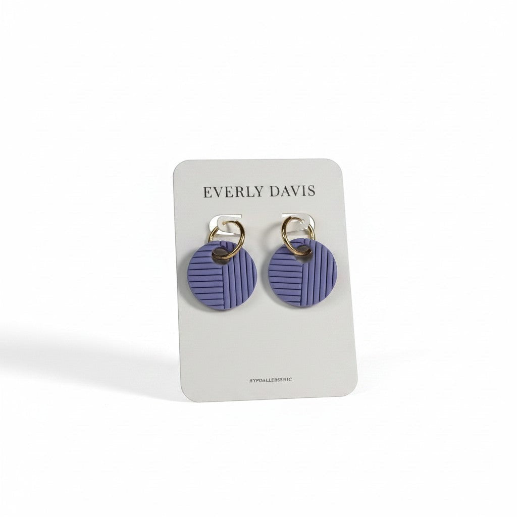 Everly Davis lavender round woven texture earrings with gold-tone hoops. Hypoallergenic.