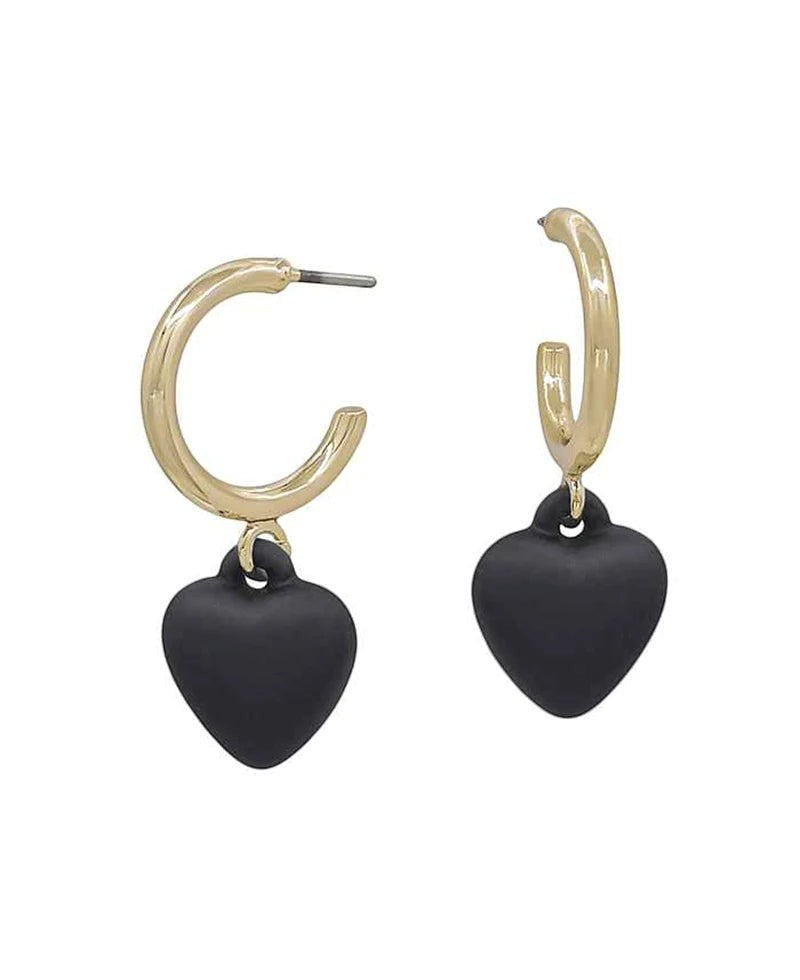 Everly Davis matte black heart charm earrings on gold hoop bases with a water-resistant finish.