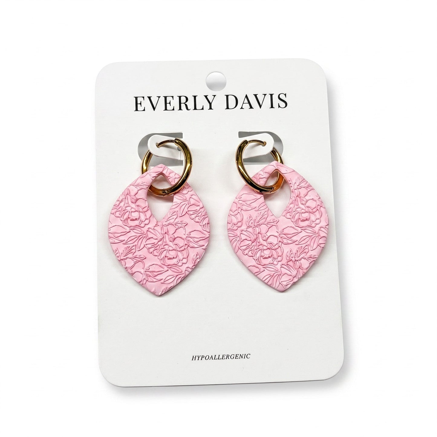 Everly Davis Charlee textured pink clay earrings with gold hoops. Lightweight and hypoallergenic.