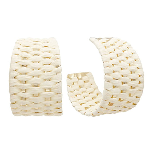 Everly Davis woven raffia wide hoop earrings in cream. Textured, lightweight, hypoallergenic, 1.5 inch.