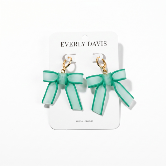 Sheer Green Outlined Bow Dangle Earrings