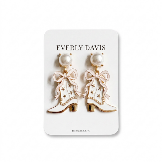 White Pearly Cowboy Boot Earrings