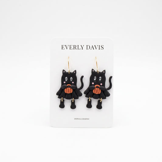 Black Kitty with Pumpkin Clay Earrings