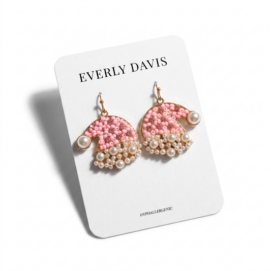 Pink Seed Bead With Pearl Christmas Hat Earrings