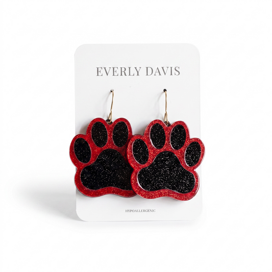 Black + Red Glitter Paw Print Earrings