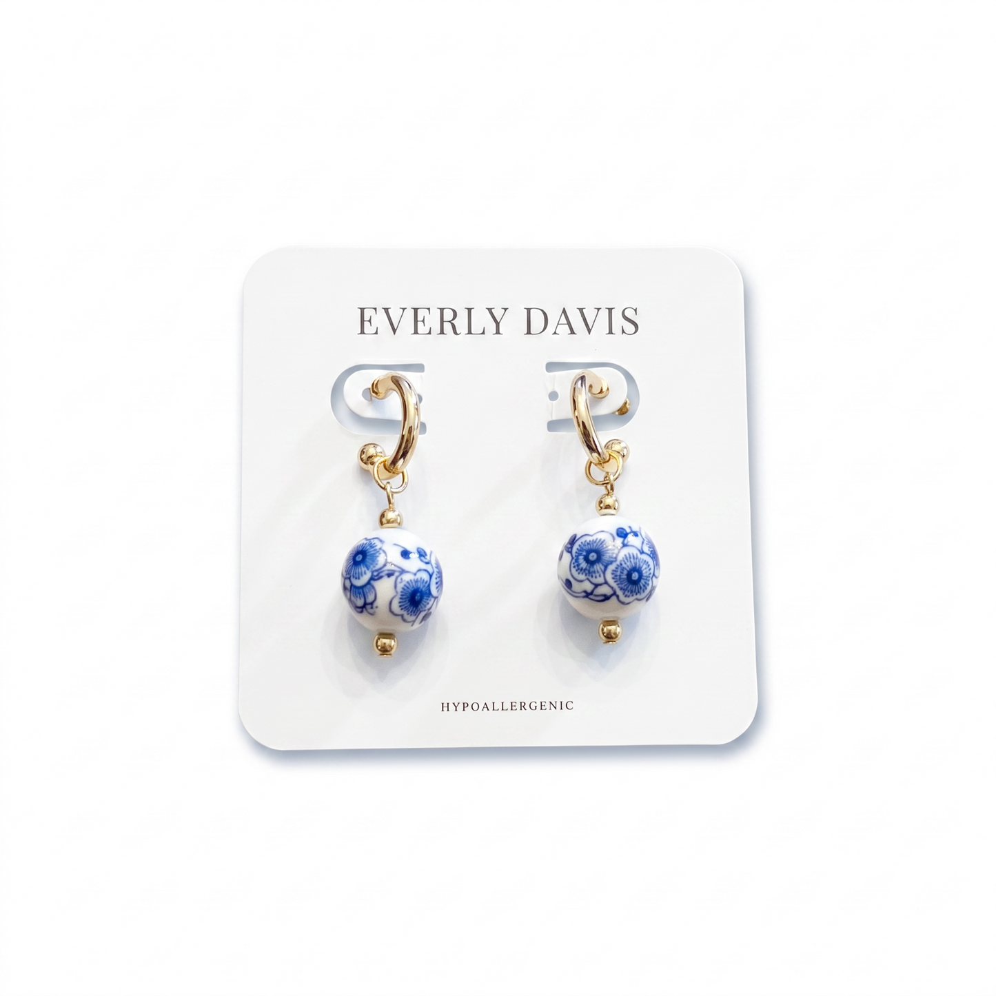 Blue and White Ceramic Ball Hoop Earrings