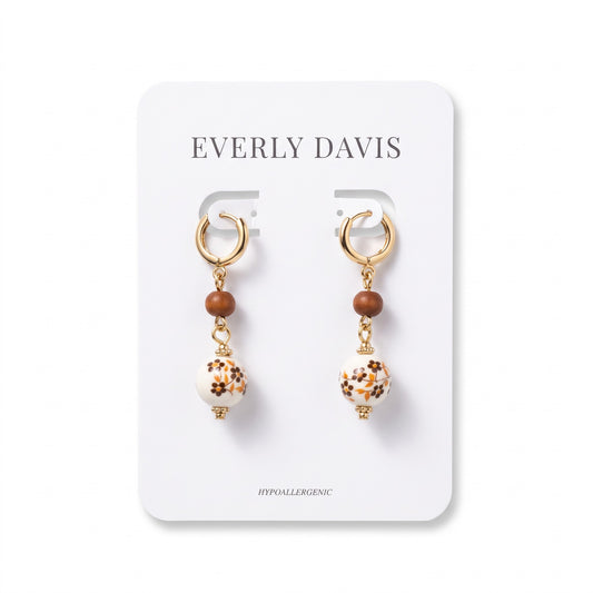 Printed Flower Ball  + Wood ball Earrings