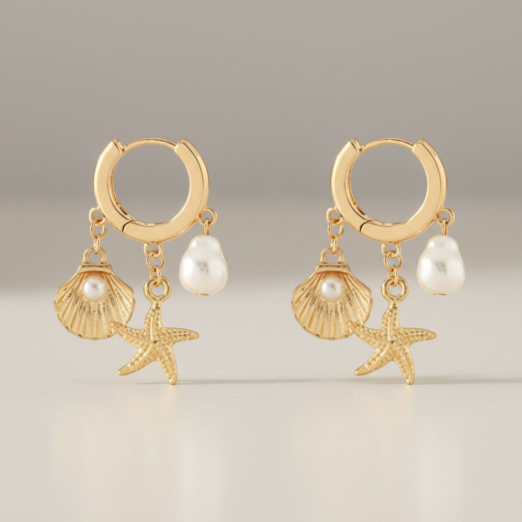 Sealife & Pearl Charm Huggie Earrings