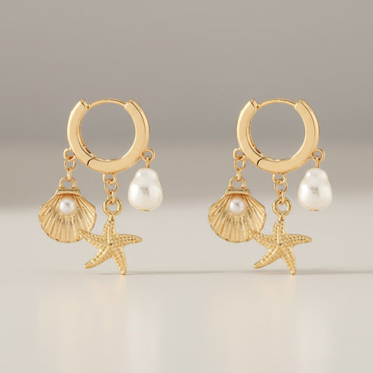 Sealife & Pearl Charm Huggie Earrings