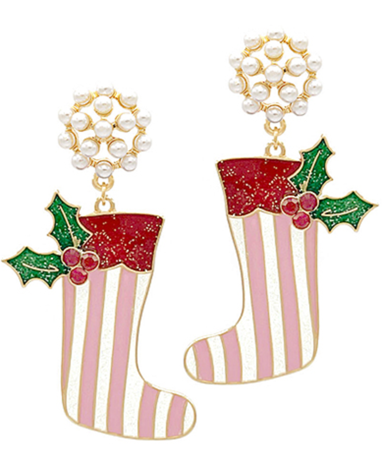Striped Christmas Stocking + Pearl Top Earrings
