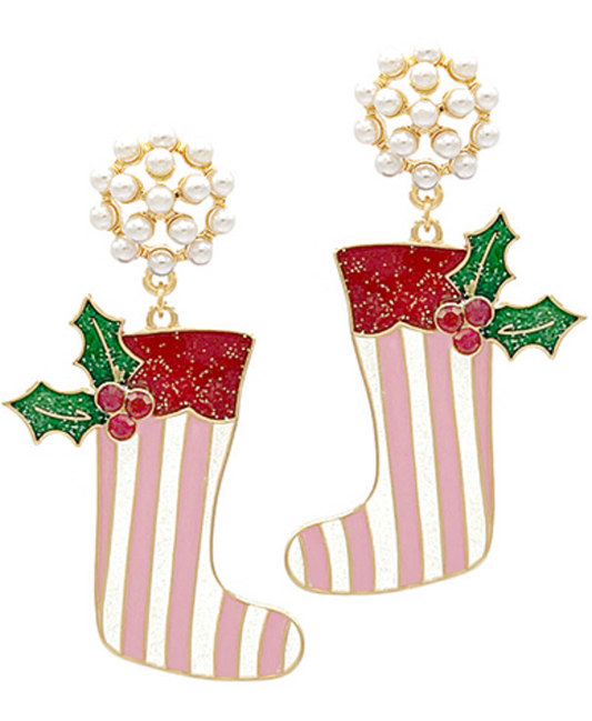Striped Christmas Stocking + Pearl Top Earrings