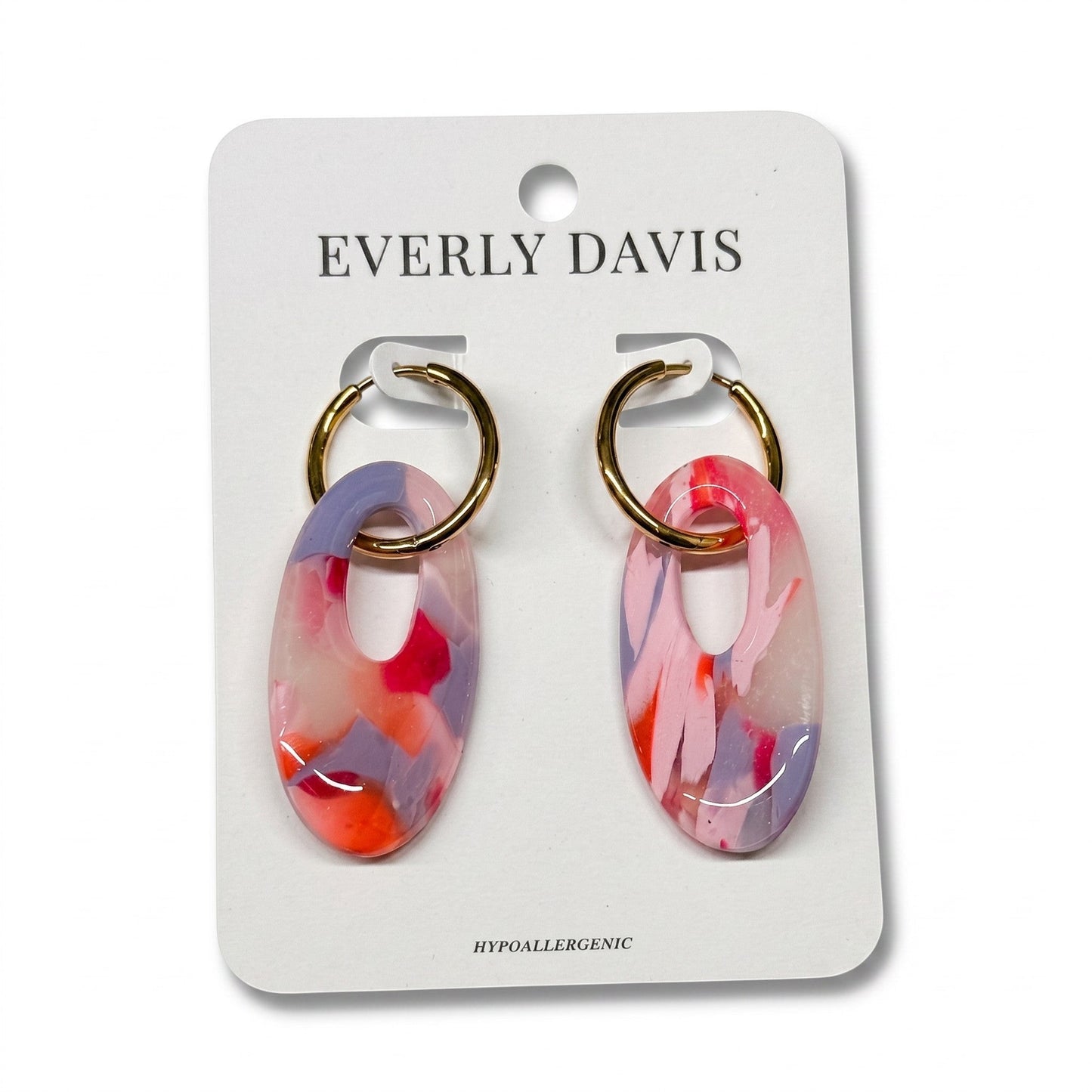 Everly Davis abstract resin hoop earrings in pink, purple, and orange marbled design with gold-tone hoops. Lightweight and hypoallergenic.