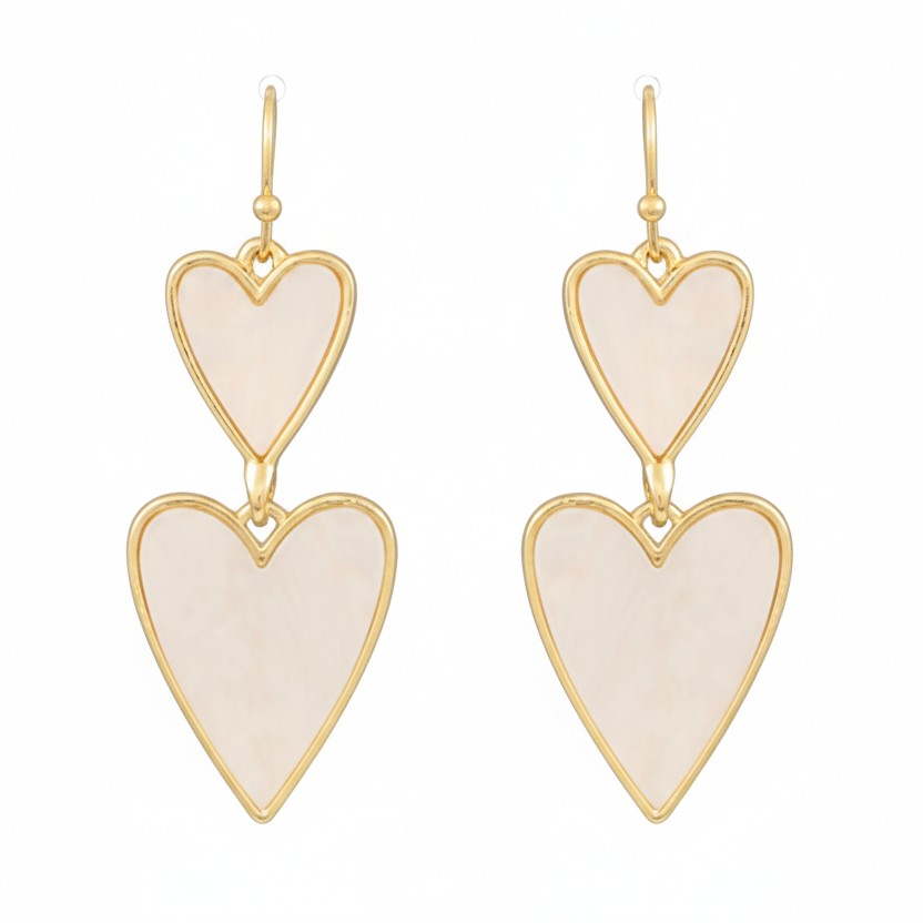 Everly Davis white acrylic shell heart drop earrings with gold-tone metal frames and fish hook closures.