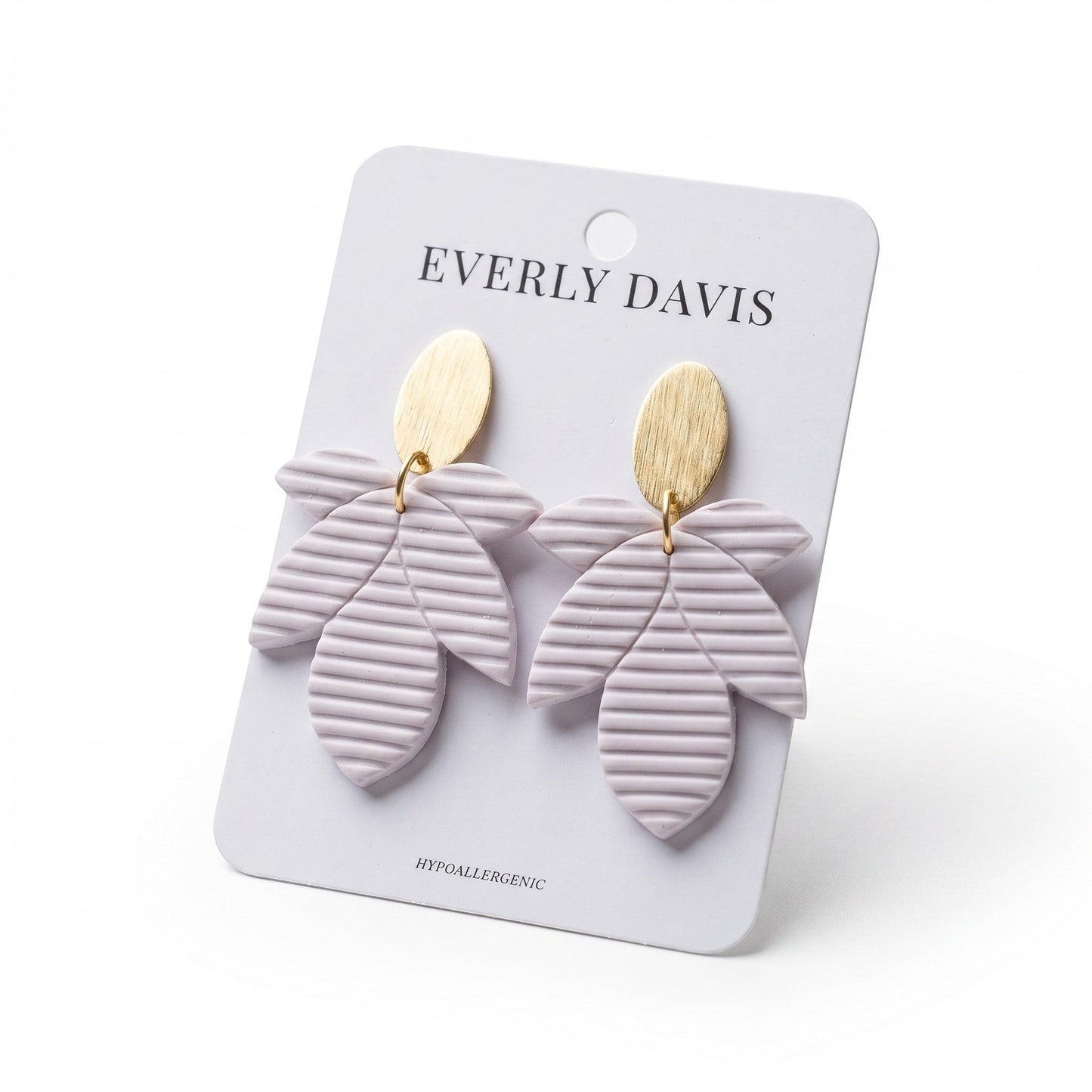 Everly Davis Amie earrings, light purple clay with ribbed texture and gold oval studs. Hypoallergenic.
