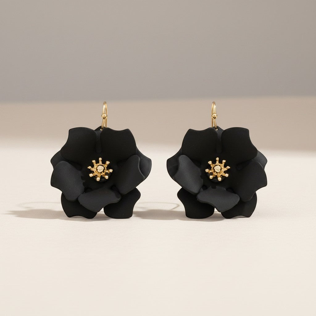 Everly Davis black flower earrings with gold center detail and fish hook closure.