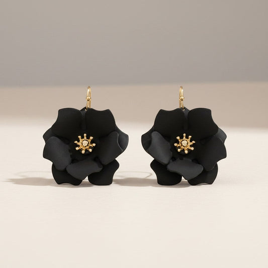 Everly Davis black flower earrings with gold center detail and fish hook closure.