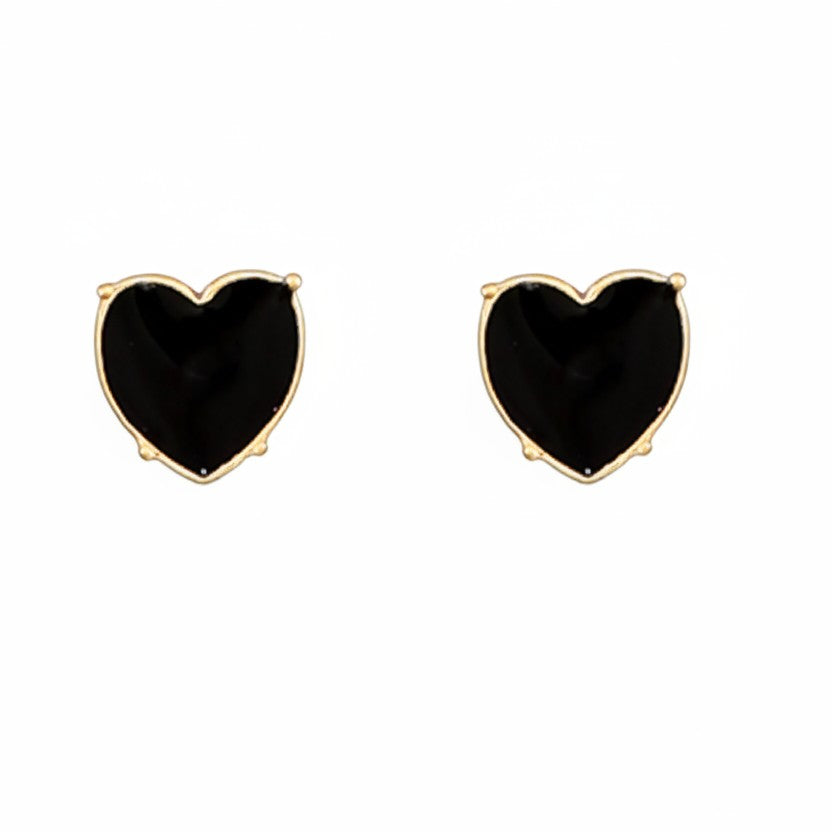 Everly Davis black heart stud earrings with gold trim, crafted from metal with a color-coated finish.