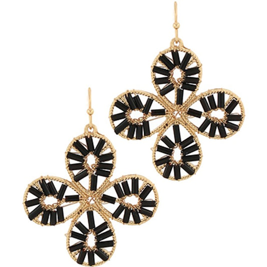 Everly Davis black seedbead flower drop earrings with gold metal accents. Lightweight floral design with fish hook closure.