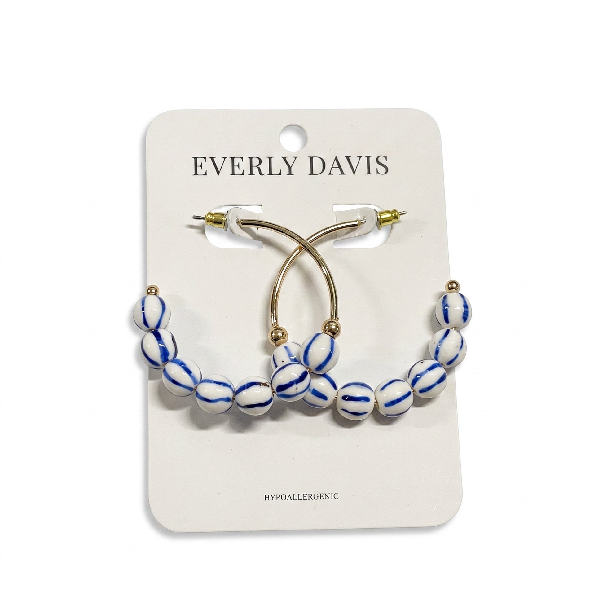 Everly Davis blue and white striped ball hoop earrings with gold accents. Hypoallergenic post back.