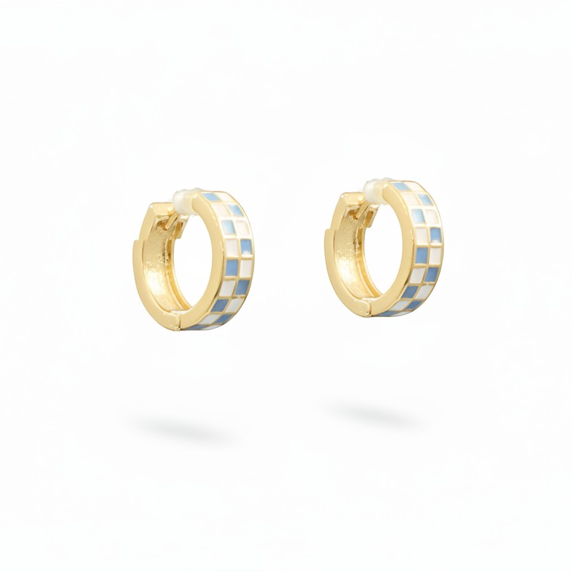 Everly Davis blue and white enamel grid hoop earrings with gold-tone finish.