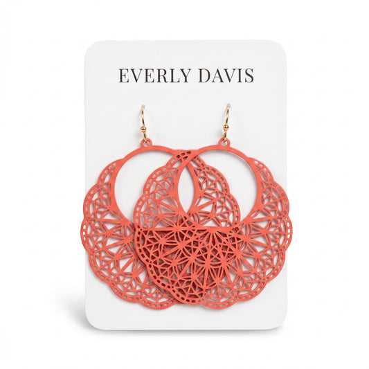 Everly Davis coral filigree disk earrings with intricate coral-inspired design, 2 1/4" length.