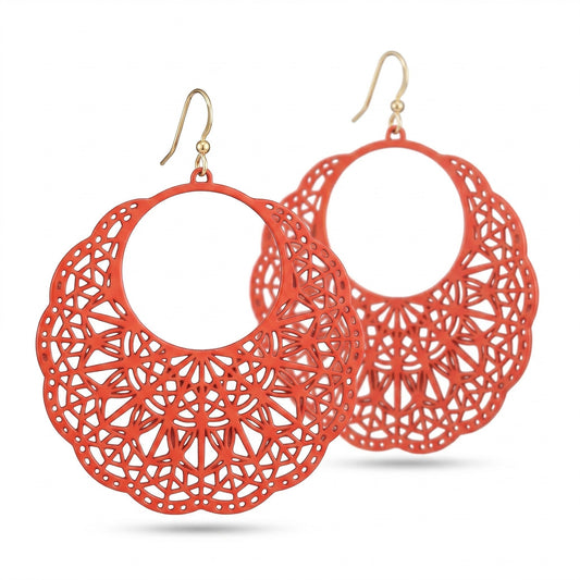 Everly Davis coral filigree disk earrings with intricate coral-inspired design and fish hook closures.