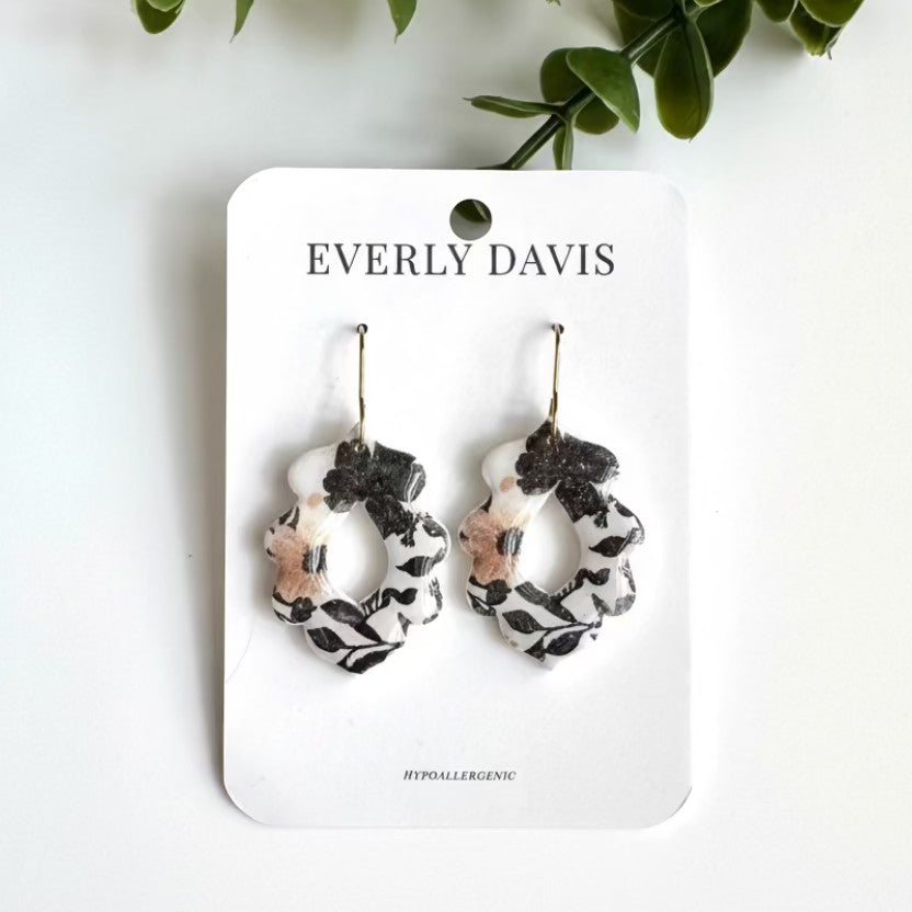 Everly Davis dark floral patterned clay earrings with gold hooks. Hypoallergenic and lightweight.