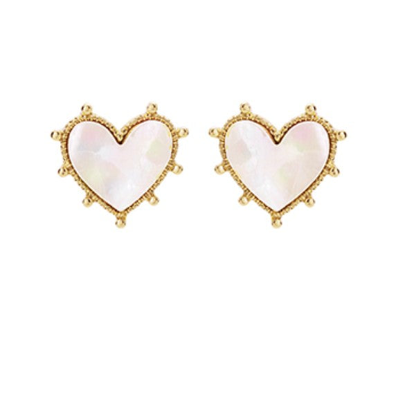 Everly Davis Dotted Pearl Heart Studs with white faux pearl inlay and gold-tone metal trim.