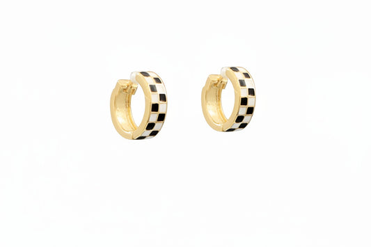 Everly Davis gold-tone hoop earrings with black and white enamel grid pattern. Medium size with secure clasp.