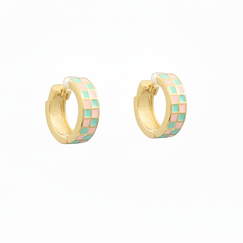 Everly Davis gold-tone hoop earrings with pink and mint green enamel grid pattern. Medium size with secure clasp.