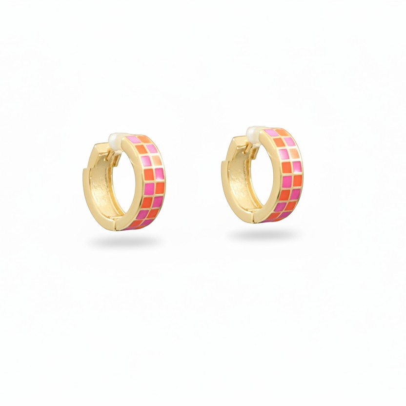 Everly Davis gold-tone hoop earrings with pink and orange enamel grid pattern. Medium size with secure clasp.