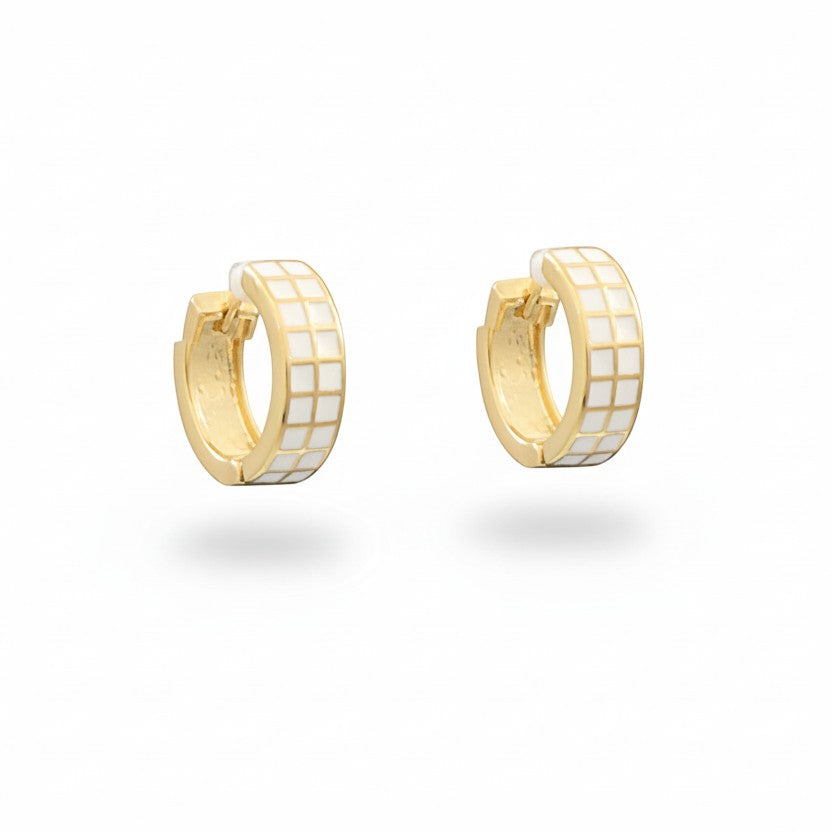 Everly Davis white enamel grid hoop earrings with gold-tone finish. Medium-sized hoops with a secure clasp.