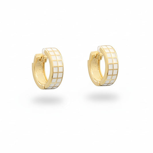 Everly Davis white enamel grid hoop earrings with gold-tone finish. Medium-sized hoops with a secure clasp.