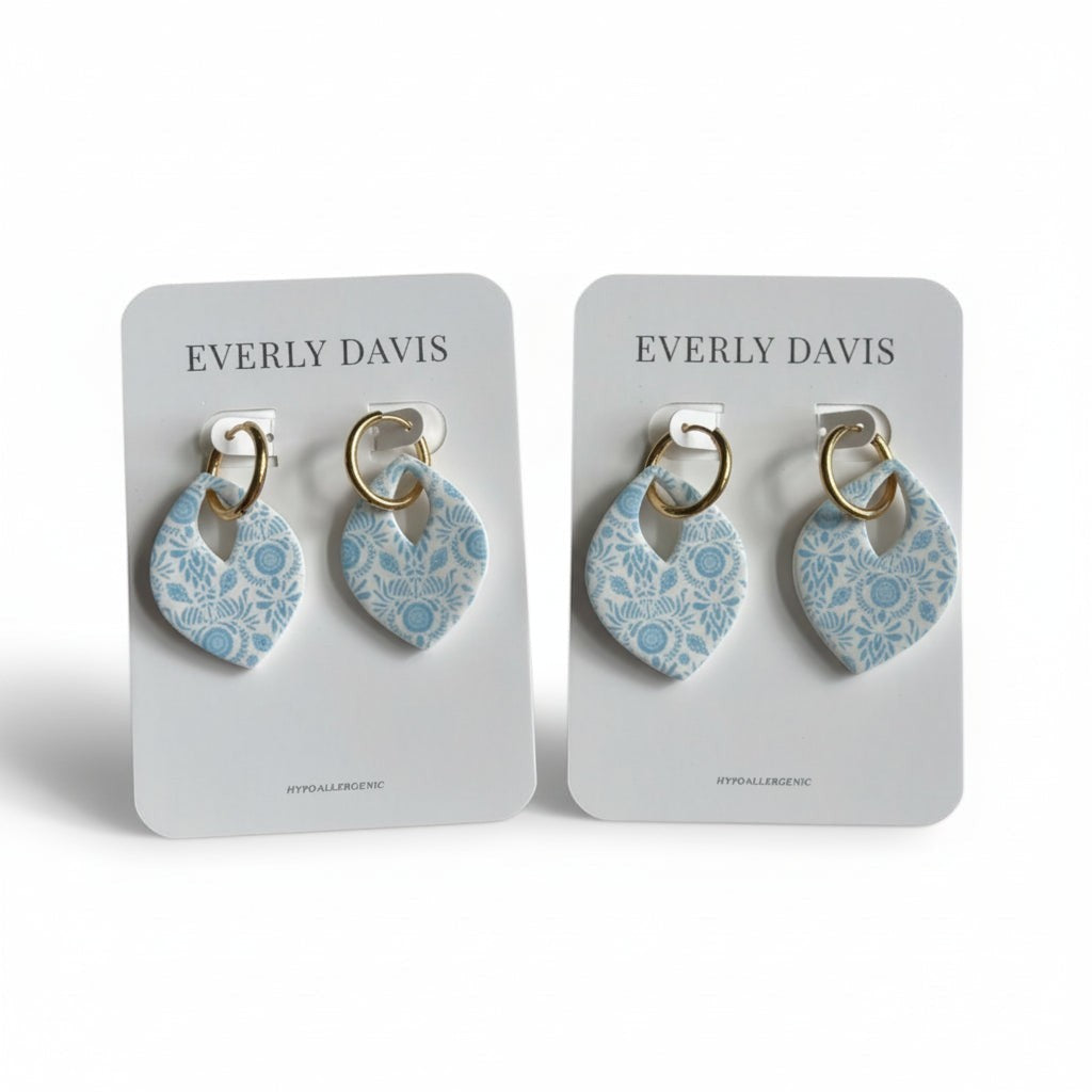 Everly Davis blue and white floral drop earrings with gold hoops, hypoallergenic
