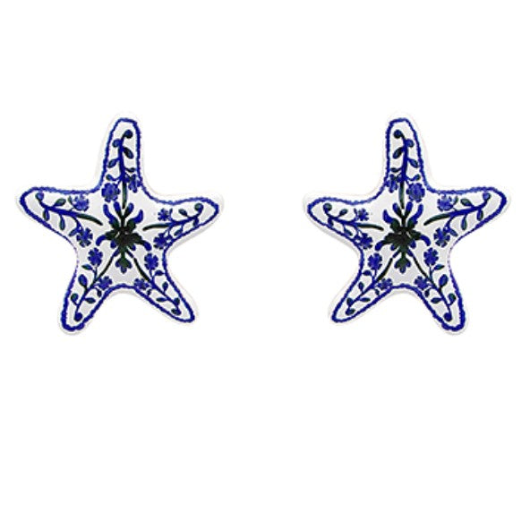 Everly Davis white metal starfish earrings with blue floral pattern, hypoallergenic titanium posts, 1 1/4" long.