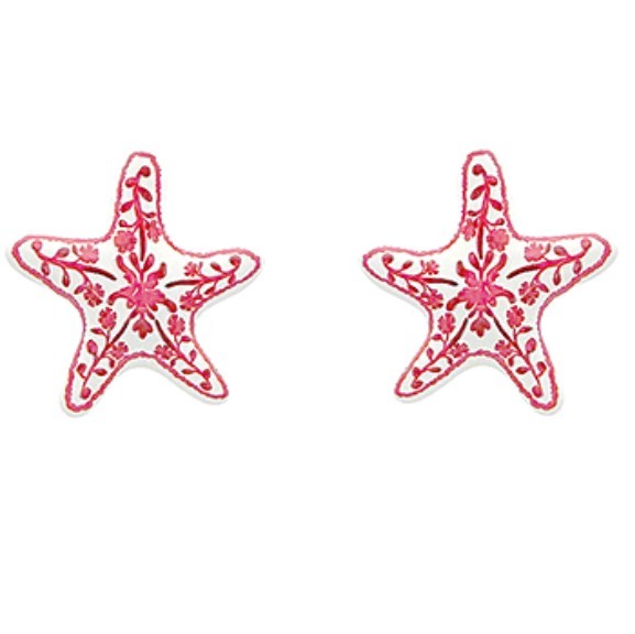 Everly Davis white metal starfish earrings with pink floral design, hypoallergenic titanium post, 1 1/4" L.
