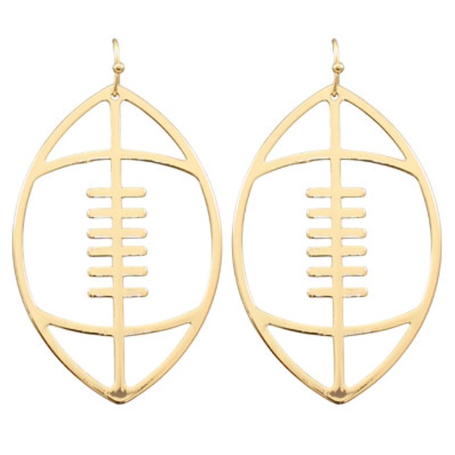 Everly Davis gold metal football open dangle earrings, 2 1/4" long, perfect for game day.