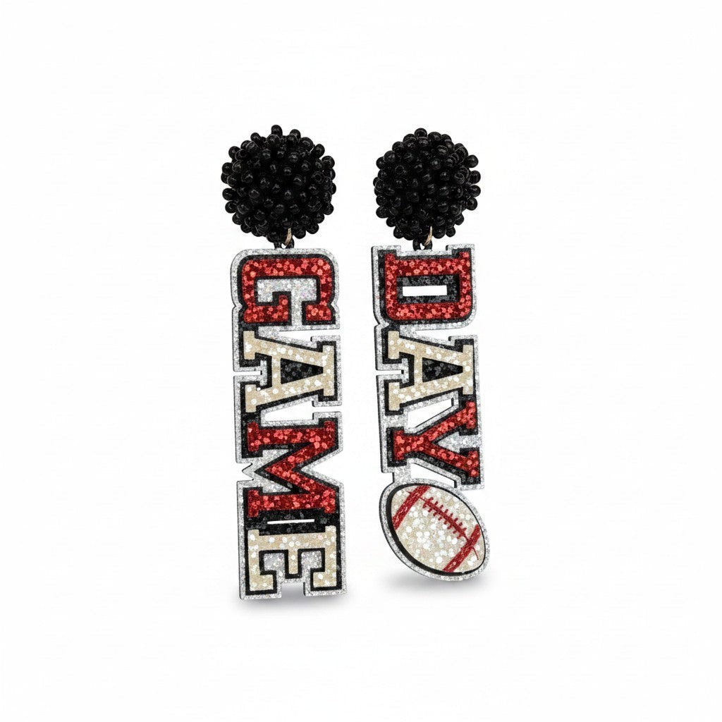 Everly Davis Game Day Glitter Letter Earrings with football charm. Red, white, and tan glitter.