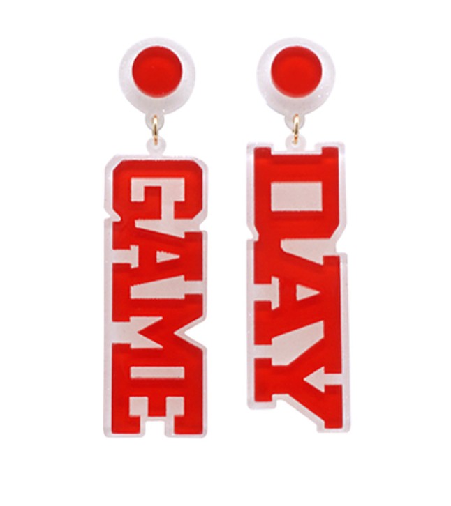Everly Davis red and white acrylic "GAME DAY" dangle earrings, 2.5" long, with post backs.