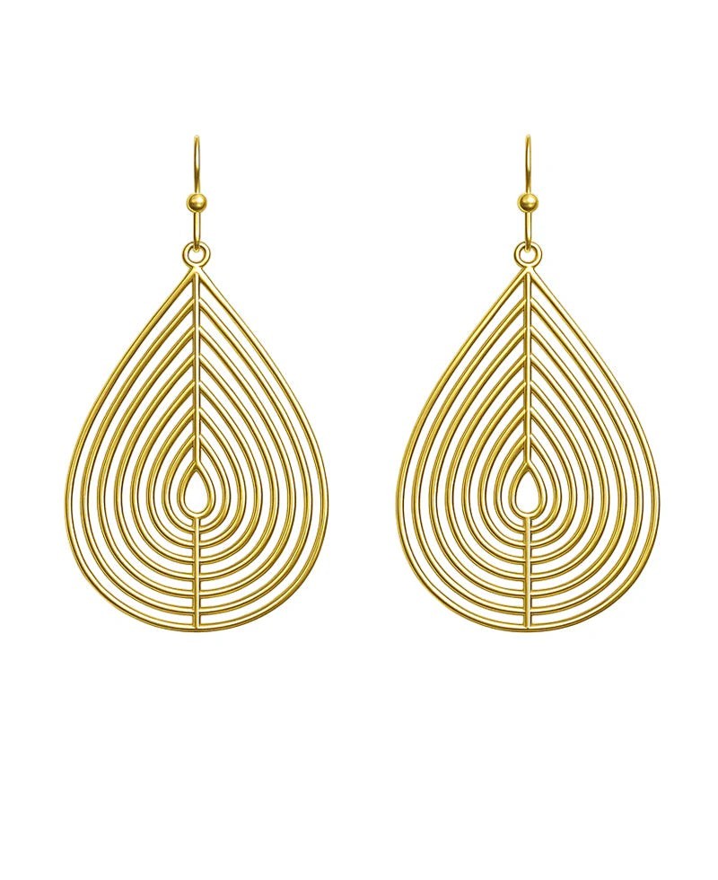 Everly Davis gold wire teardrop leaf earrings with a delicate, open-frame design.