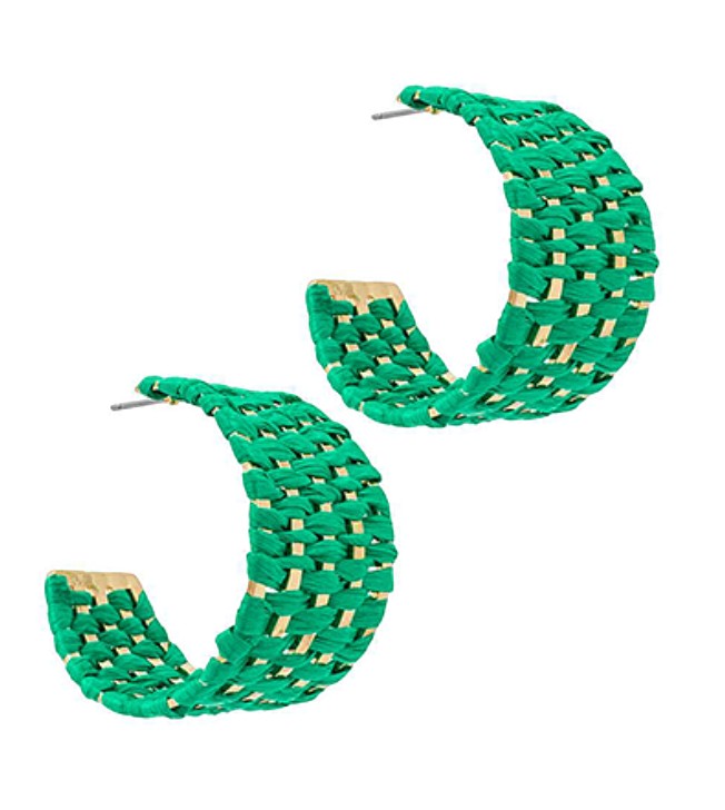 Everly Davis green woven raffia hoop earrings with gold accents. 1.5" hypoallergenic hoops.