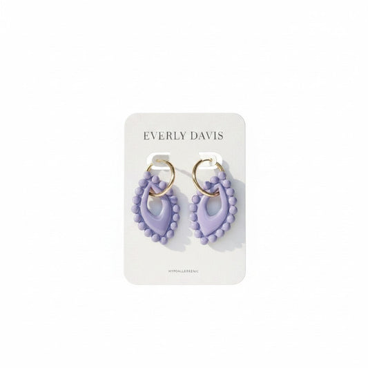 Everly Davis Harley Bubble Hoops are lavender polymer clay earrings with gold hoops and a beaded border. Hypoallergenic.