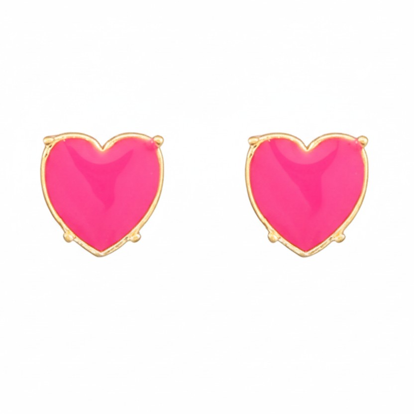 Everly Davis hot pink heart stud earrings with gold trim. Delicate metal studs with color-coated finish.