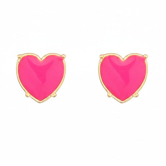 Everly Davis hot pink heart stud earrings with gold trim. Delicate metal studs with color-coated finish.