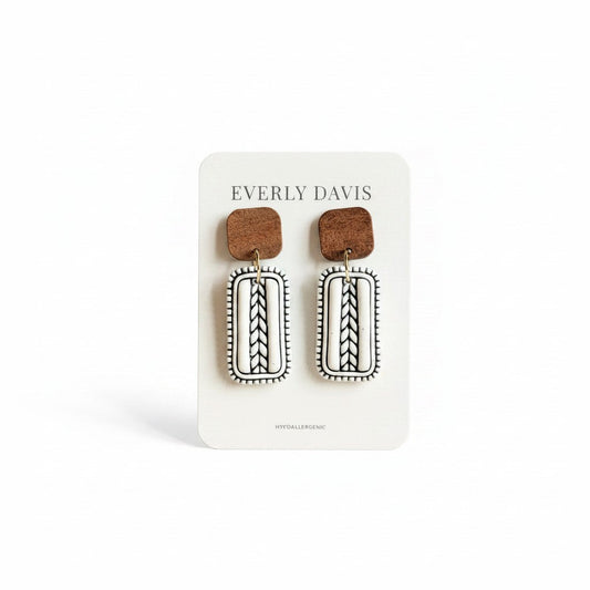 Everly Davis Jana earrings: handcrafted white clay rectangles with navy inlay pattern and brown wood tops.