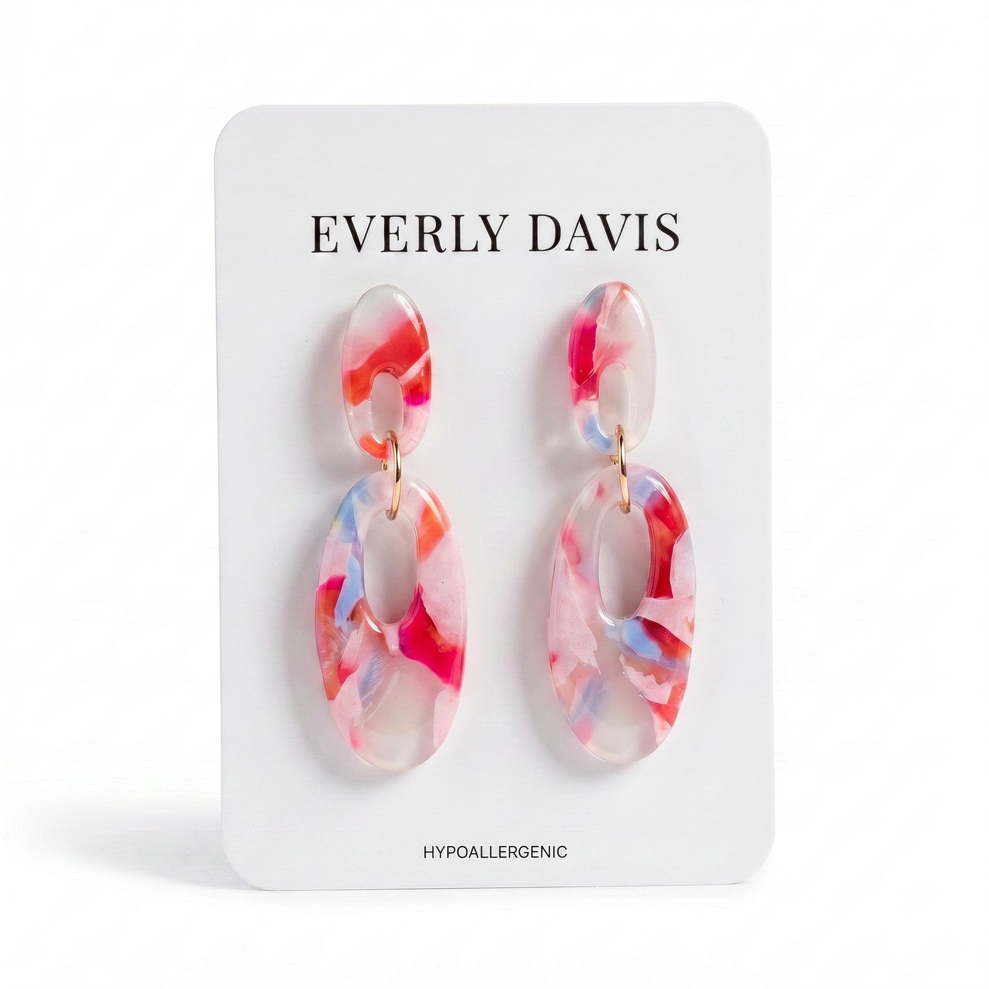 Everly Davis Lana Marbled Clay Earrings with pink, red, and blue swirls. Lightweight oval dangle earrings.